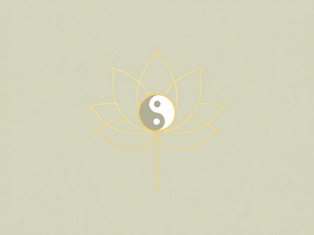 Simple, elegant line art of a lotus flower with a central yin-yang symbol, in muted gold on a soft sage background. Minimalist, high resolution, 8k.